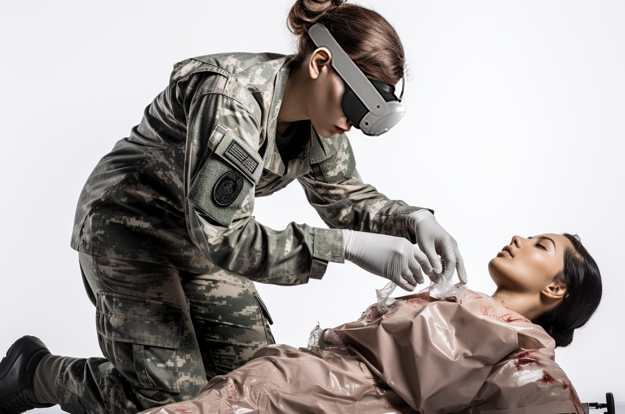 Female soldier wearing an AR/VR headset for medical first responder training.